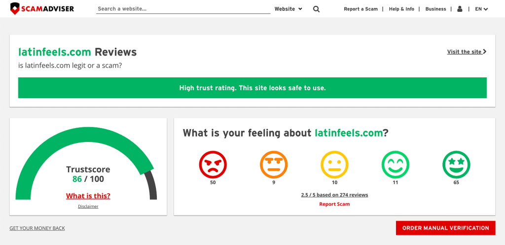 Is LatinFeels legit or a scam - ScamAdviser report